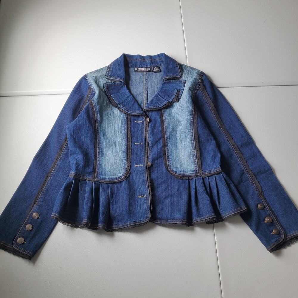 The Pyramid Collection Blazer Womens XL Blue Denim Ruffle Peplum Steampunk